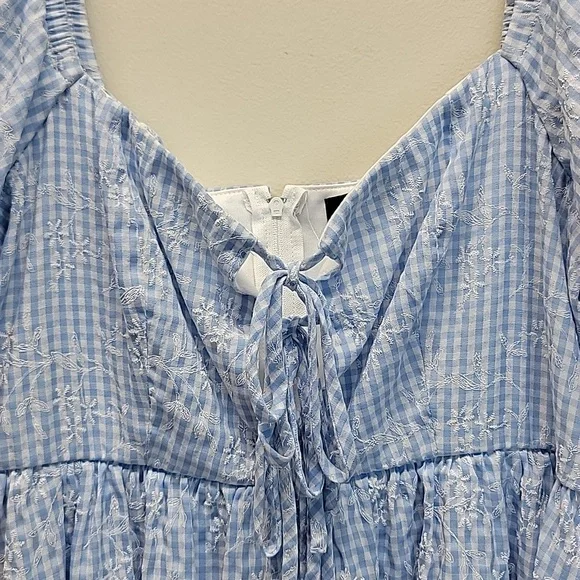 ORIGINALITY BLUE WHITE GINGHAM TIE-FRONT PUFF SLEEVE MINI DRESS SZ MEDIUM - Picture 3 of 14